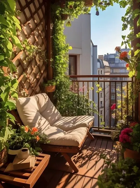 Bathed in sunlight, this balcony feels like a secret garden, with a wooden trellis and frame covered in climbing plants. A comfortable lounge chair is nestled among the greenery, creating the perfect spot to relax and enjoy nature.