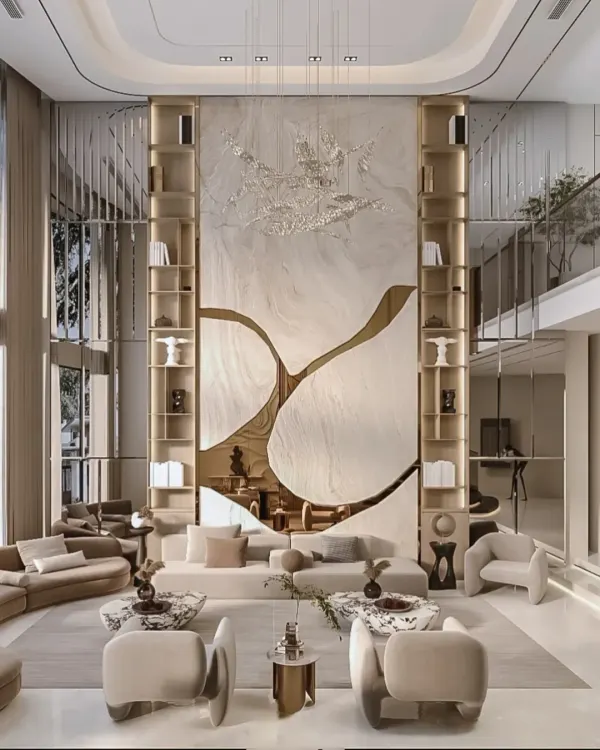 This grand, double-height reception area makes a powerful first impression. I used a neutral color palette, sculptural furniture, and a dramatic feature wall to create a sense of luxury and sophistication, setting a welcoming yet impressive tone for a high-end corporate space.