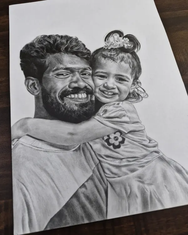 A heartwarming father-daughter portrait, capturing a candid moment of joy. These custom family sketches make for a perfect, personal gift.