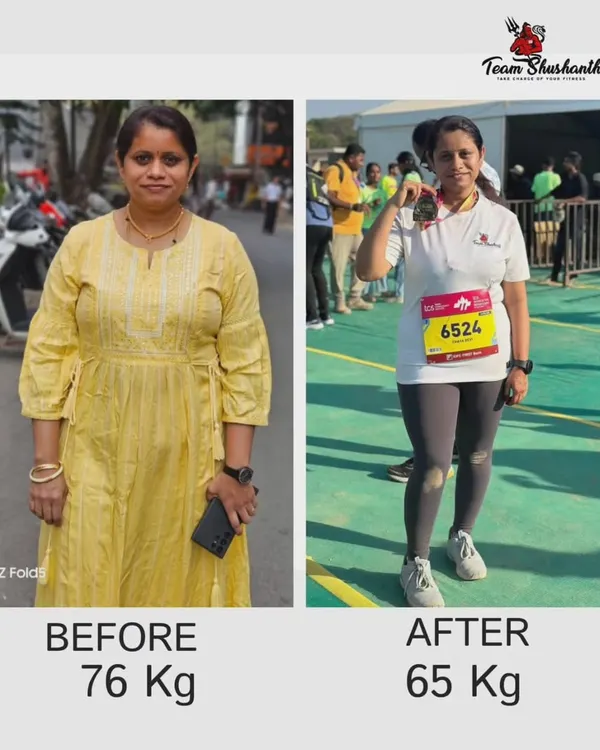A side by side comparison showing a client's 11 kg weight loss journey, from 76 kg to 65 kg. This visual represents a huge milestone in her path towards a sustainable, fit lifestyle.