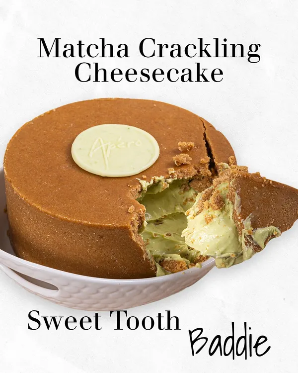 Meet a true sweet tooth baddie: our Matcha Crackling Cheesecake. It features a creamy matcha cheesecake filling with a crackling top layer that adds a wonderful texture to every bite.