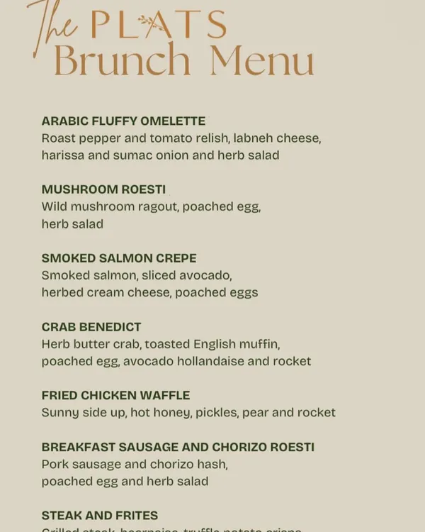 A sample brunch menu, showcasing a variety of our signature egg dishes, savory plates like Fried Chicken Waffle, and Steak and Frites.