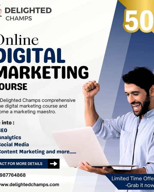 A promotional image for my online digital marketing course, featuring a limited-time discount. The course covers essential topics like SEO, analytics, social media, and content marketing.