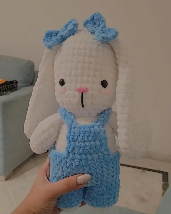 Meet Fluffy, a custom-ordered bunny plushie. This amigurumi toy features adorable details like handmade blue overalls and matching bows, all crafted from soft white yarn for the perfect huggable friend.