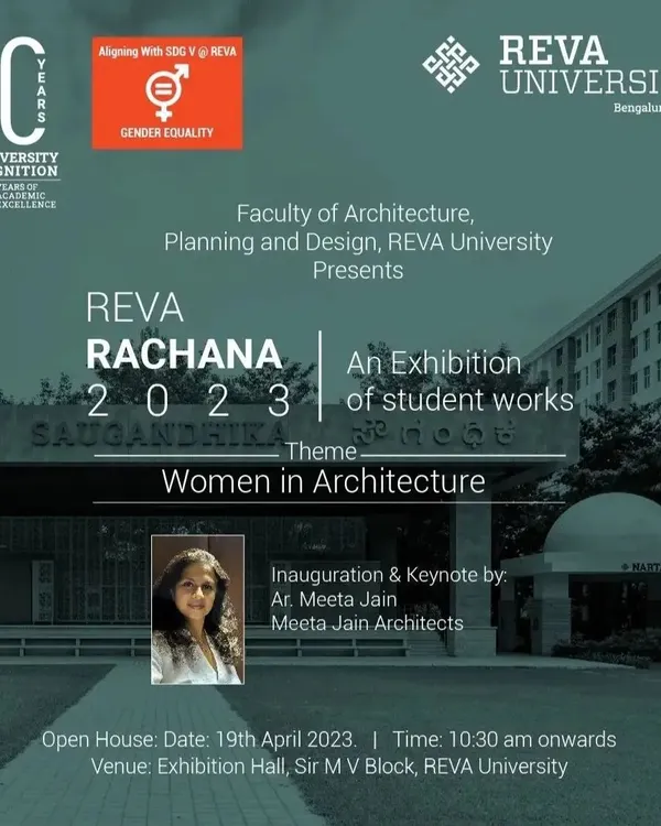 The official invitation for my keynote address at REVA Rachana 2023, an exhibition of student works at REVA University with the theme of 'Women in Architecture'. It is an honor to be invited to share my journey and work with the next generation.