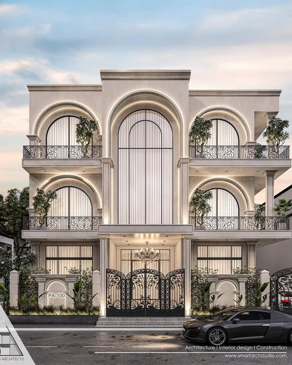 A duplicate of the hero image, this neoclassical facade in Faridabad showcases my ability to execute grand, symmetrical designs. The prominent arches and detailed ironwork create a sense of timeless luxury.