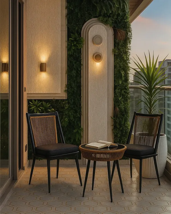 This elegant balcony at Centre Park Resort features a vertical garden and carefully selected lighting. I designed it to be a peaceful evening retreat, with comfortable seating for two.