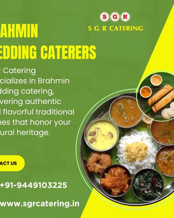 A complete South Indian vegetarian thali served on a banana leaf, showcasing a variety of dishes like sambar, rasam, poriyal, and vada. We specialize in crafting these authentic menus for Brahmin weddings and other traditional ceremonies.
