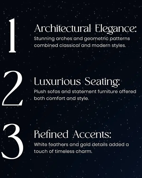 The '40 Shades of Elegance' event was built on three core principles: architectural elegance with modern patterns, luxurious and comfortable seating, and refined accents like white feathers and gold details for a timeless feel.