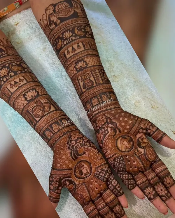 A complete bridal mehandi telling a story with portraits of the bride and groom, surrounded by bands of traditional patterns. This full-sleeve design is perfect for the bride who wants it all.