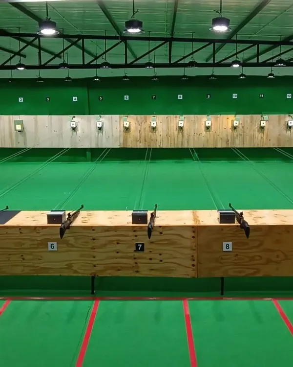 A wide view of our new 10-meter range. It's well-lit, spacious, and designed to meet professional standards for a great shooting experience.