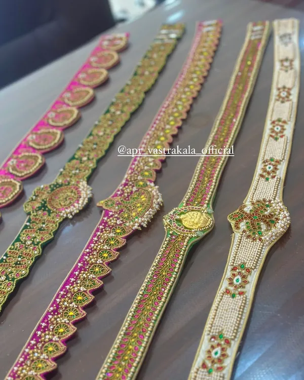 A collection of my custom-embroidered waist belts. Each one is designed with unique motifs and color combinations to match a specific outfit, using techniques like kemp stone work, zardosi, and beadwork.