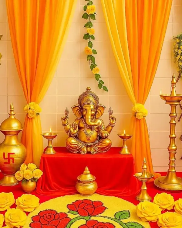 A classic and elegant Ganpati mandap for a home celebration. The setup features a beautiful brass Ganesha idol, warm yellow and orange drapes, and traditional brass diyas and kalash to create a space that feels both grand and deeply devotional.