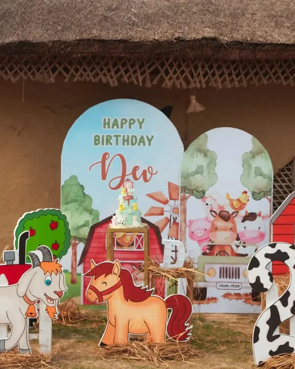 The scene is set for a perfect farm-themed party. We capture the full decor setup, including the colorful backdrops and character cutouts, before the guests arrive.