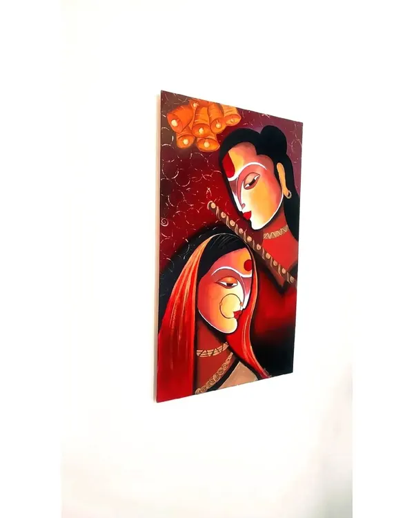 A side view of my modern Radha Krishna painting, showing how the artwork looks on a gallery wall. The warm red and orange tones bring a vibrant energy to any room.
