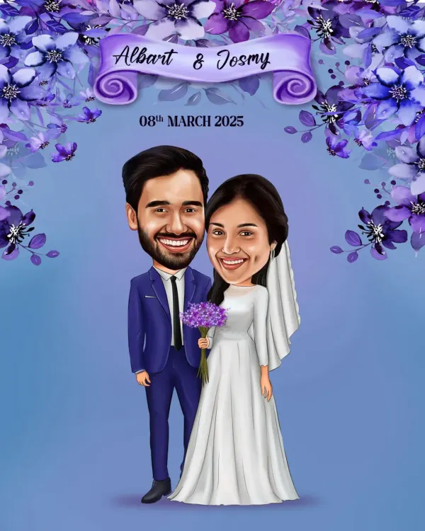 A beautiful wedding caricature featuring the couple's names and wedding date against a floral arch. This style is perfect for a personalized wedding welcome sign or a memorable gift.