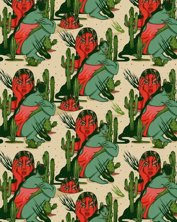 'Emotional Ecosystems: Anger,' a seamless pattern design exploring how our inner emotions can manifest in our outer realities. This pattern uses cacti and annoyed expressions to represent abrasion.
