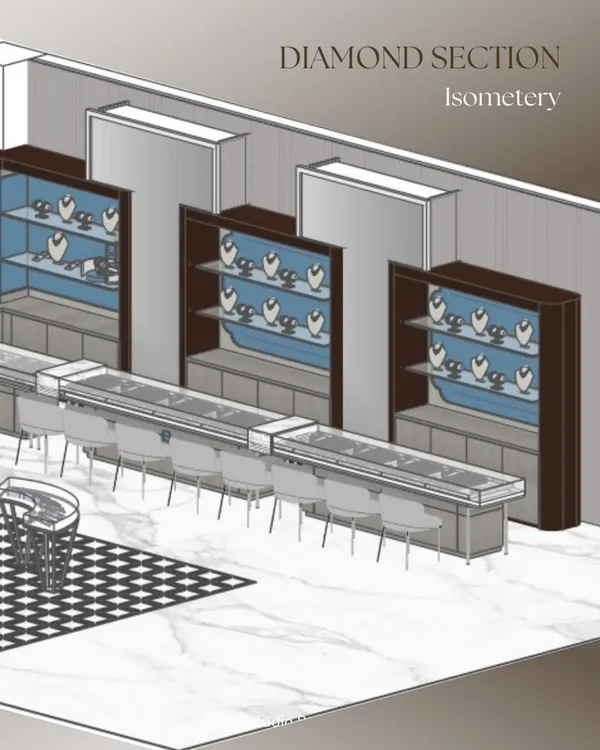 An isometric view of the Diamond Section for Shri Thangam Jewellers, providing a clear 3D representation of our layout and design intent.