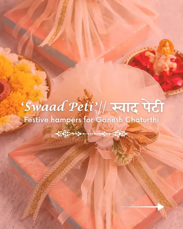 Our 'Swaad Peti' hamper for Ganesh Chaturthi, beautifully wrapped and ready for gifting. The elegant packaging makes it a standout present for the festival.