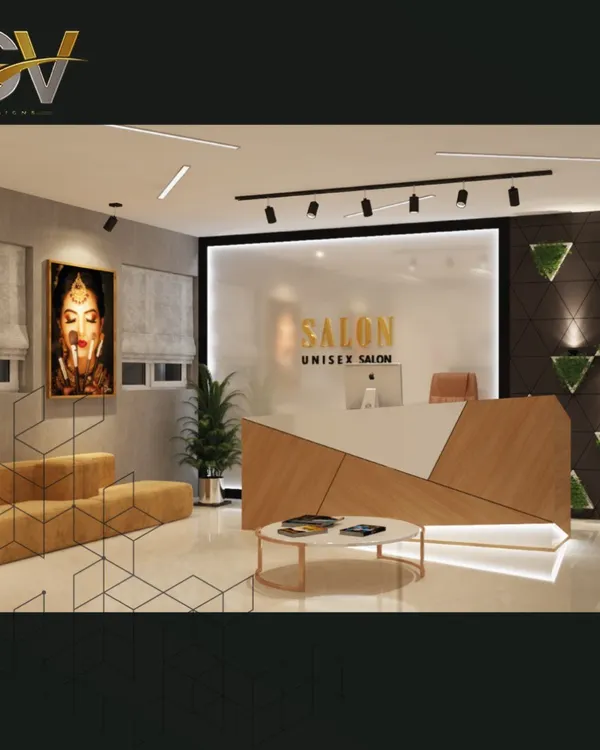A 3D render of a salon's front desk and waiting lounge. The design balances a professional aesthetic with welcoming elements like warm wood tones, soft seating, and artistic wall decor, setting a sophisticated tone for the entire establishment.