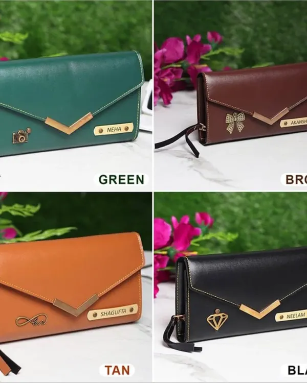 Our 3-fold personalized clutches for women are available in four beautiful colors: green, brown, tan, and black. You can customize them with a name and a metal charm like a camera, bow, or diamond.