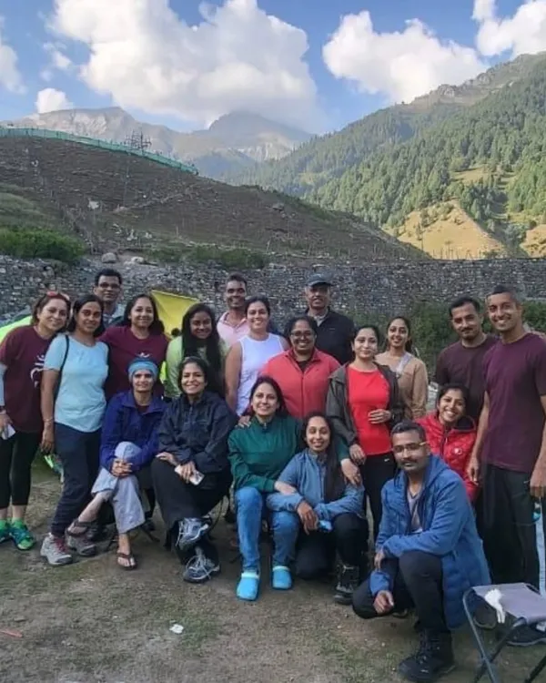 The Aayana family at our campsite during the Kashmir Great Lakes Trek. After a long day of hiking, we gather to share stories, food, and the incredible mountain views.