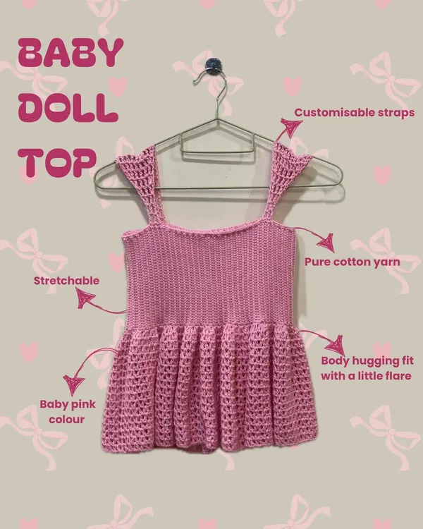 Here are all the details of my Baby Doll Top. It's made from pure cotton yarn, making it stretchable and comfy with a body-hugging fit and a cute little flare. The straps are also customizable for the perfect fit.