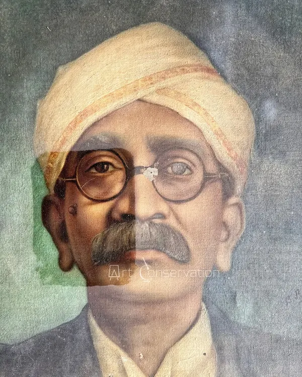 A split-view comparison showing the dramatic transformation of a vintage portrait. The left side shows the restored face, clear and detailed, while the right side reveals the original faded and damaged condition.