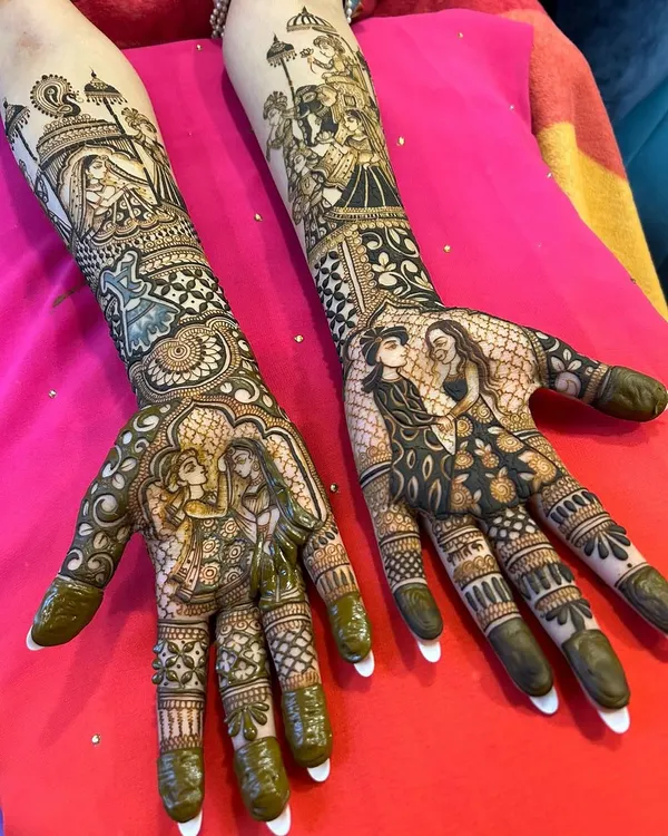 A complete view of a narrative bridal mehandi, telling a love story on both hands. My advanced course focuses on creating such symmetrical and interconnected designs.