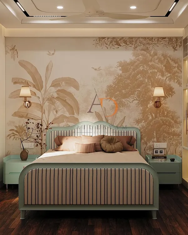 This bedroom is a tranquil retreat, featuring a custom bed and matching side tables in a soothing aqua shade. The nature-inspired wallpaper behind the bed serves as a beautiful focal point, creating a sense of calm and connection to the outdoors.