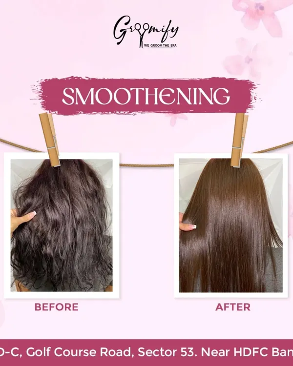 The proof is in the picture. Our hair smoothening treatment delivers a dramatic change, turning frizzy, difficult hair into sleek, straight, and manageable locks.