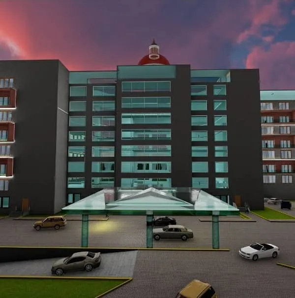 The main entrance and drop-off area of the five-star hotel concept. The design features a prominent cantilevered porch, providing shelter and creating a grand sense of arrival for guests.