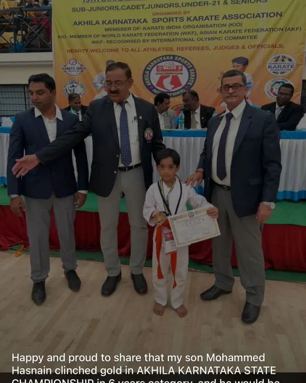 I am proud to share this moment of my son, Mohammed Hasnain, winning gold at the Akhila Karnataka State Championship. His success is a direct result of his commitment to the training.