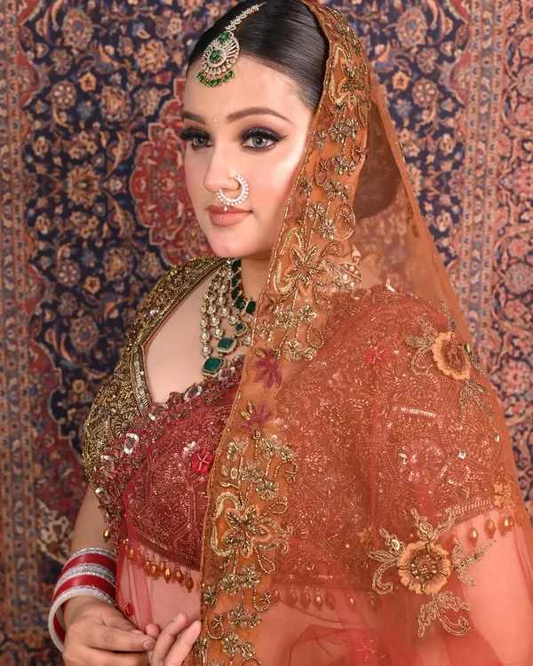 A classic bridal portrait showcasing a flawless HD makeup base with defined, smokey eyes and a perfectly placed maang tikka. The look is completed with an intricately embroidered dupatta, creating a regal and timeless feel.