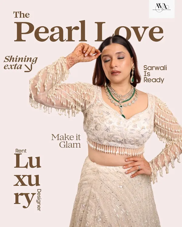A creative magazine-style edit featuring our "Pearl Love" lehenga. This showcases the glamour and luxury you can rent from my designer collection.