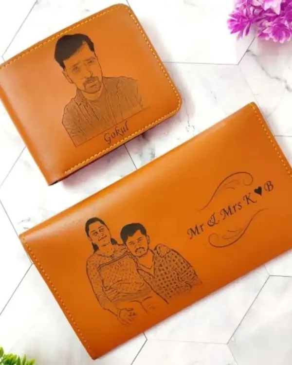 A beautiful way to carry your loved one with you. This set includes a matching men's wallet and women's clutch, both made of faux leather and engraved with custom sketches from your photos.