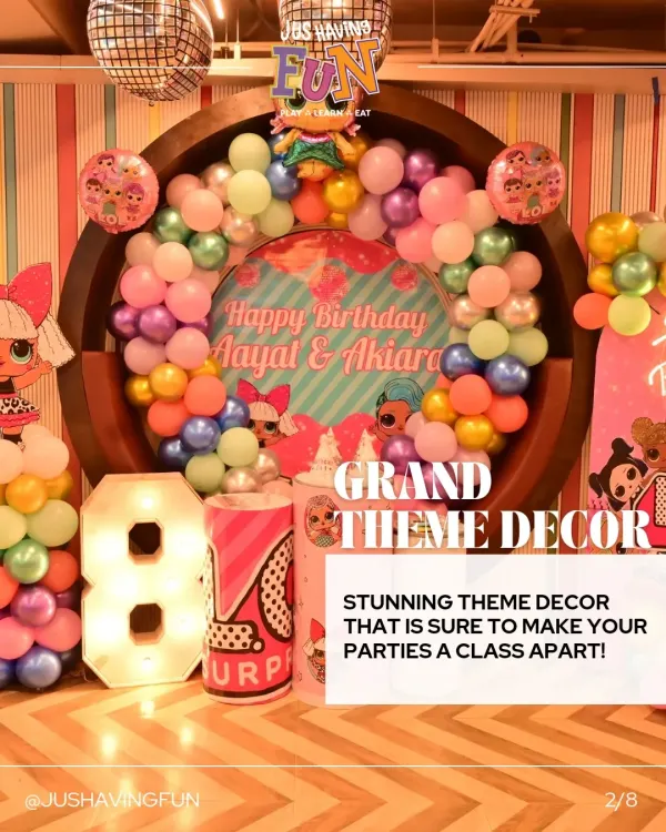 A glimpse into the stunning, grand-scale theme decor we create for our parties. This L.O.L. Surprise! setup features a vibrant balloon arch, a custom backdrop, and themed pedestals, all designed to make your child's birthday feel like a class apart.