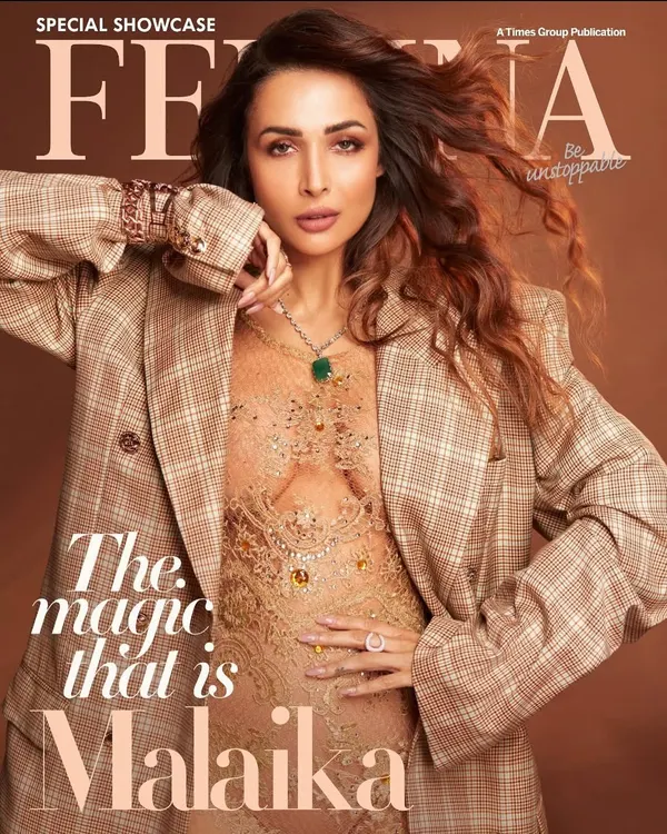 The cover shot for Femina featuring Malaika Arora. We layered a plaid blazer over an embellished lace dress to create a sophisticated yet bold look for the magazine's special showcase.