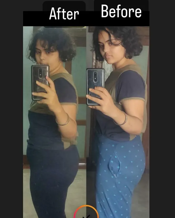 A beautiful before and after from a dedicated student. Her consistency with our online yoga classes led to visible inch loss and improved flexibility.
