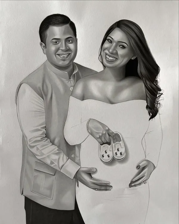 A special charcoal sketch for an expecting couple, celebrating their journey to parenthood. This A3 portrait was created to be as smooth and gentle as the moment itself, a beautiful keepsake of this precious time.