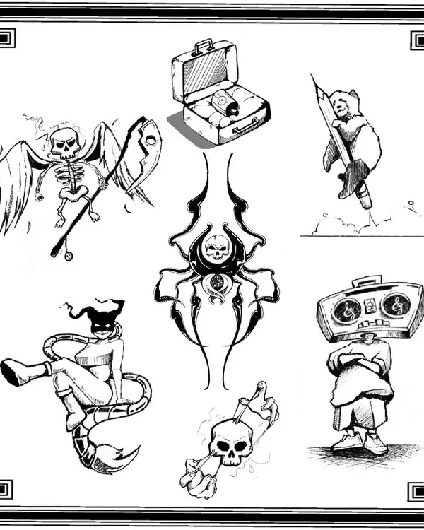 A full flash sheet of my original tattoo designs. From skeletons and boomboxes to weird tribal skulls, these are all up for grabs. Hit me up to get one of these inked.