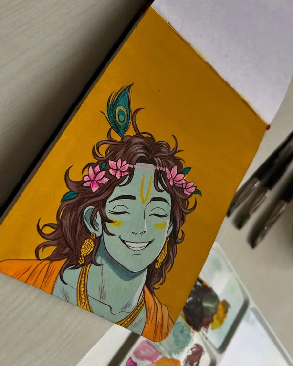 That blissful smile of Krishna, captured in a moment of pure joy. This painting is my offering, a small way to connect with the divine through art. The vibrant colors and serene expression are meant to bring a sense of peace.