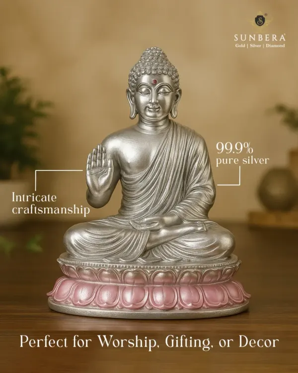 Find your moment of peace with our 99.9% pure silver Buddha idol. The matte finish and intricate craftsmanship in the robes and facial expression make this a perfect piece for worship, decor, or as a thoughtful gift for any spiritual occasion.