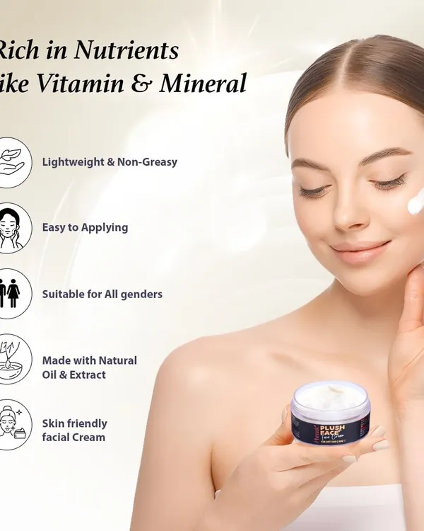 My Plush Face Cream is designed to feel lightweight and non-greasy while delivering rich nutrients. It's easy to apply, suitable for all genders, and made with natural oils and extracts for skin-friendly daily hydration.