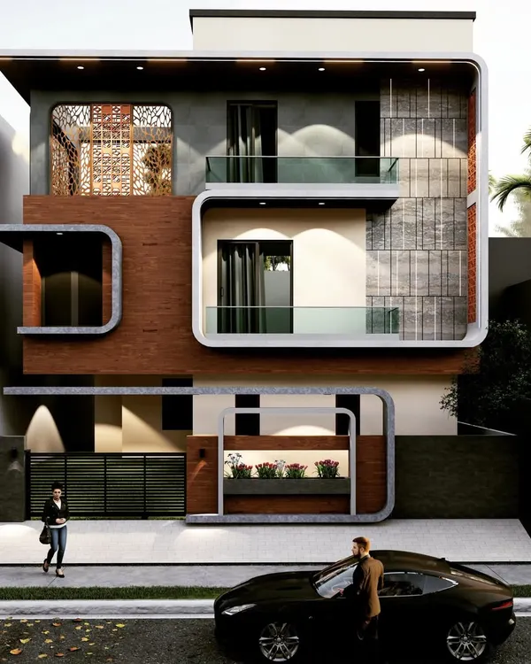 A modern residence in Hubli designed for a family of six on a 2000 sq. ft. plot. The facade features unique curved forms and an integrated planter box, creating a distinctive and functional exterior that accommodates family life.