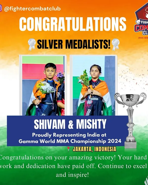 Our champions Shivam and Mishty, proudly representing India with their silver medals from the Gamma World MMA Championship 2024 in Jakarta. This is the pinnacle of child martial arts achievement, and our fighters are there.