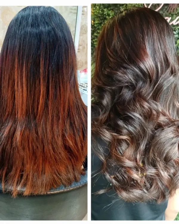 This is a great example of a complex color correction. The hair on the left was previously lightened and coated with henna, resulting in brassy, uneven tones. Using color theory to neutralize the unwanted copper, I created a rich, dimensional brunette base with soft highlights for a completely refreshed and healthy look.