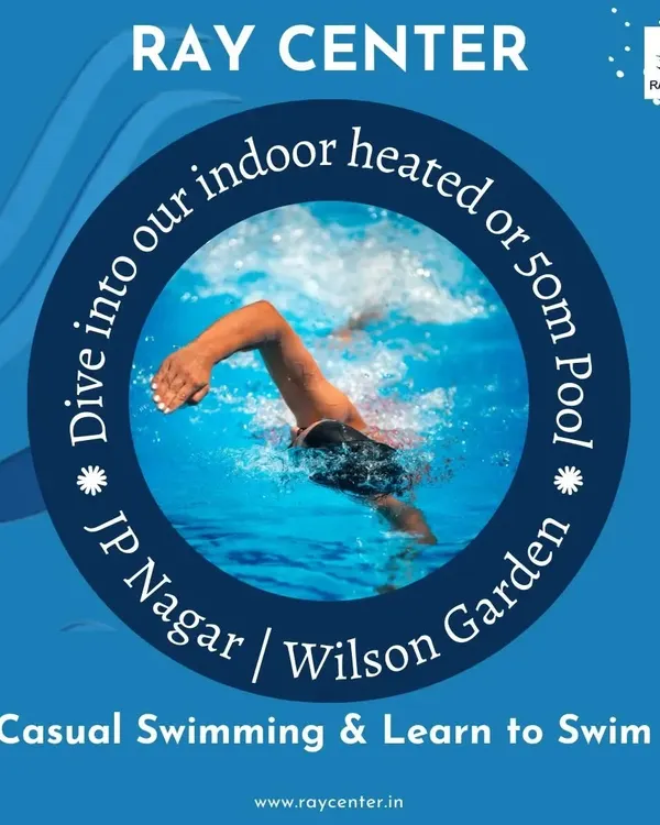 A graphic inviting you to dive into either our indoor heated pool in JP Nagar or the 50m pool in Wilson Garden.
