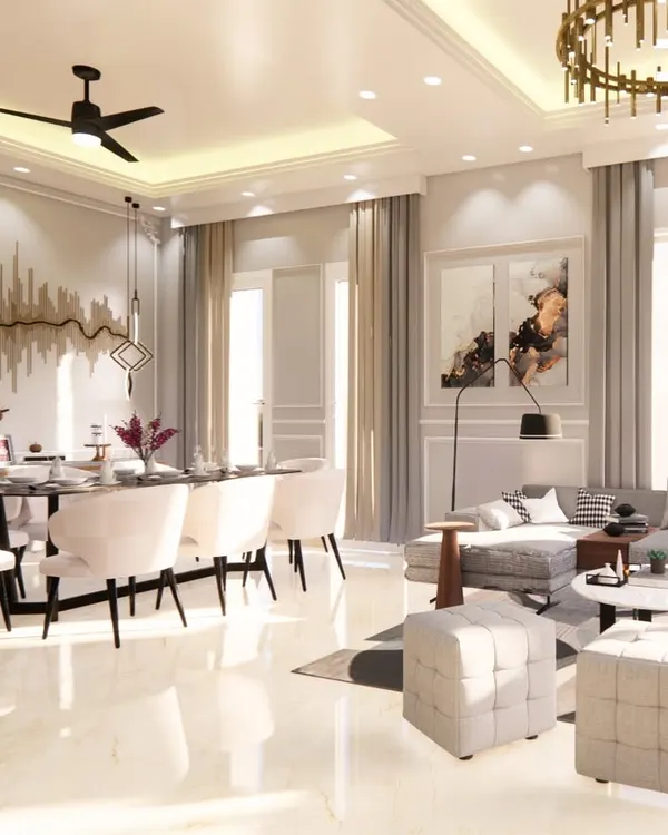 This 3D render presents an open-plan living and dining area with a sophisticated, neutral color palette. The living space features a comfortable sectional sofa, while the dining area is defined by a statement wall art piece. This design emphasizes flow and connectivity, ideal for modern family living.