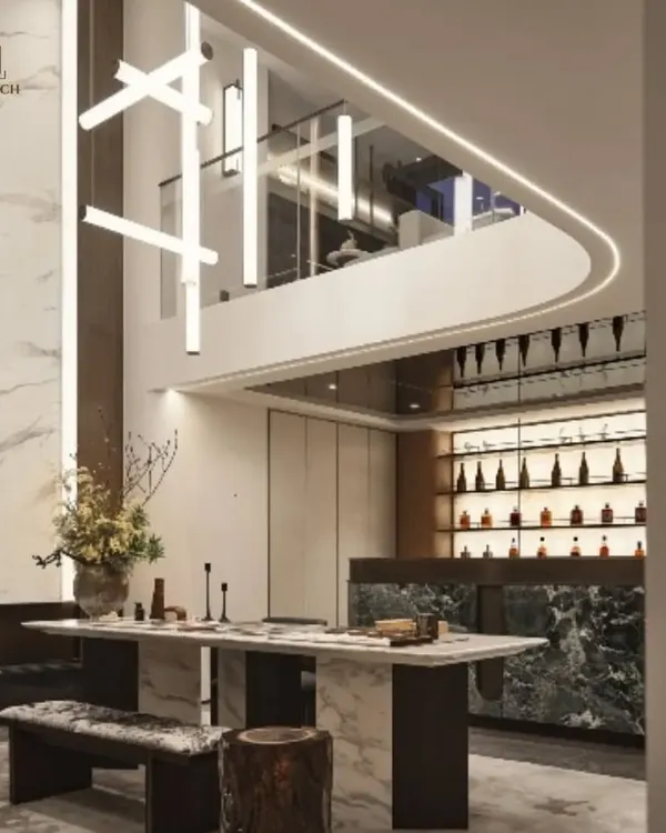 This render showcases a luxurious dining and entertainment space within a modern bungalow. The design integrates a bar area, marble finishes, and a dramatic double-height ceiling with contemporary lighting to create an impactful social hub.